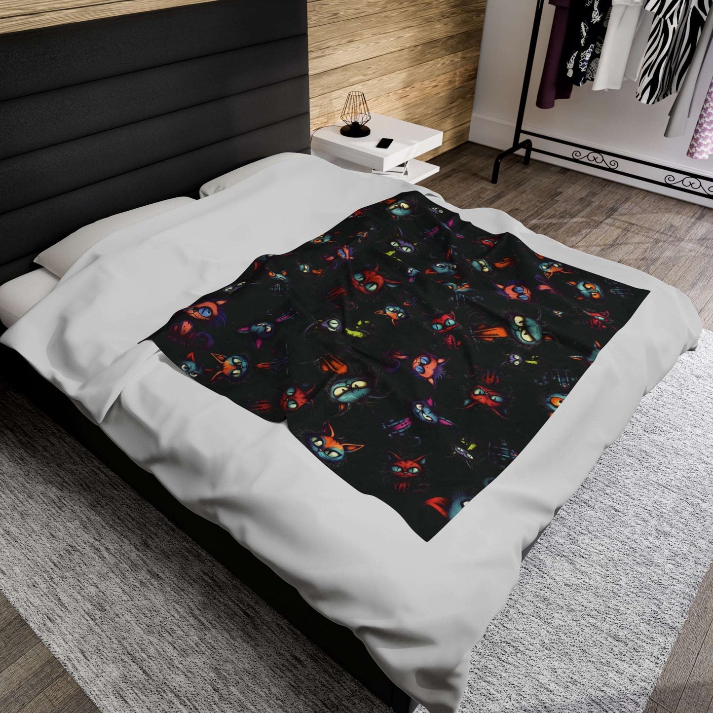 Scary Cartoon Style Cat Velveteen Blanket | Spooky Kitties Plush Throw Blanket | Cat Art Themed Home Decor | "Feline Combine"
