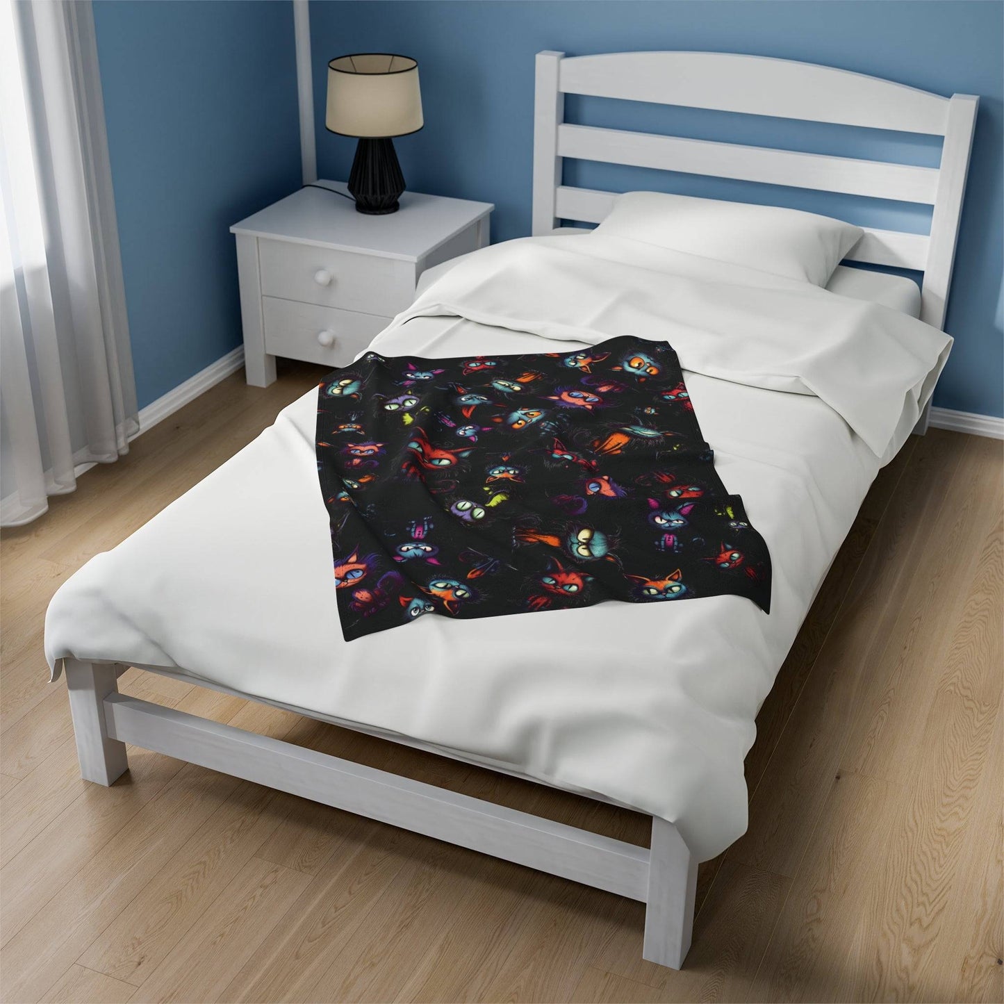 Scary Cartoon Style Cat Velveteen Blanket | Spooky Kitties Plush Throw Blanket | Cat Art Themed Home Decor | "Feline Combine"
