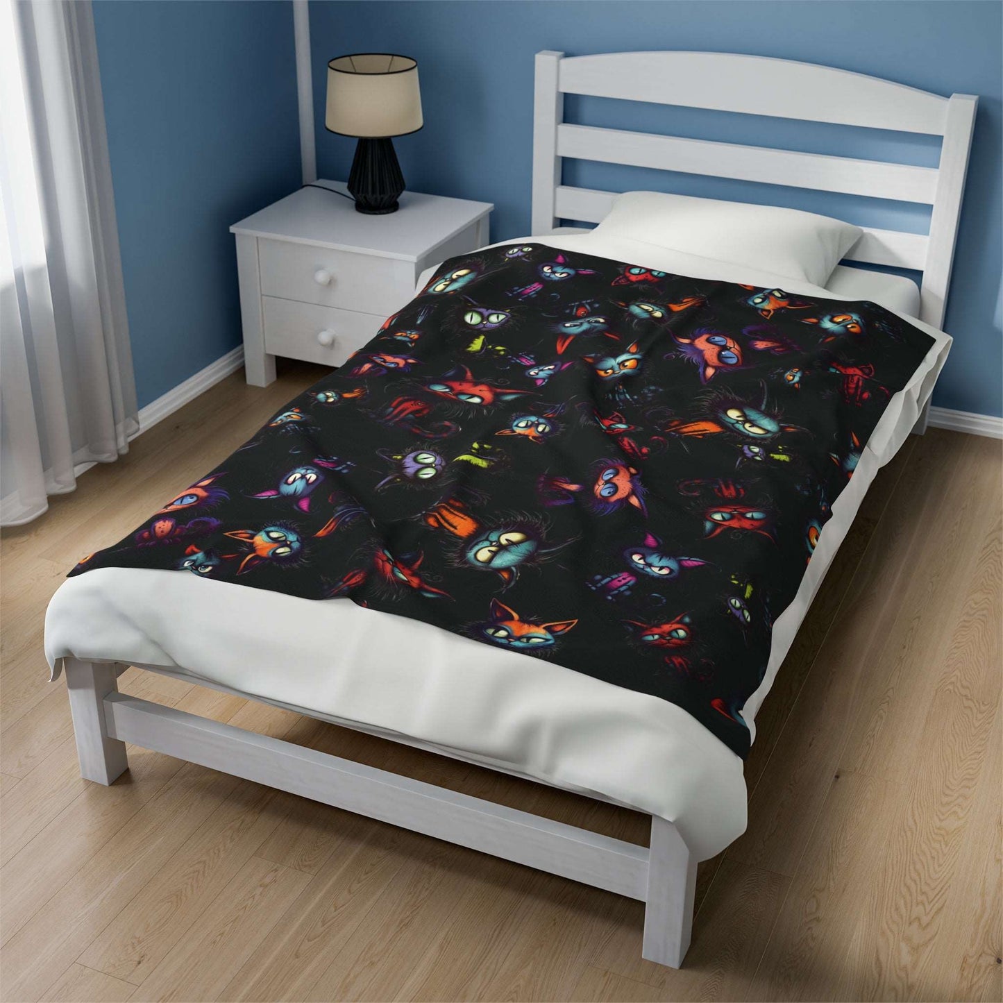 Scary Cartoon Style Cat Velveteen Blanket | Spooky Kitties Plush Throw Blanket | Cat Art Themed Home Decor | "Feline Combine"