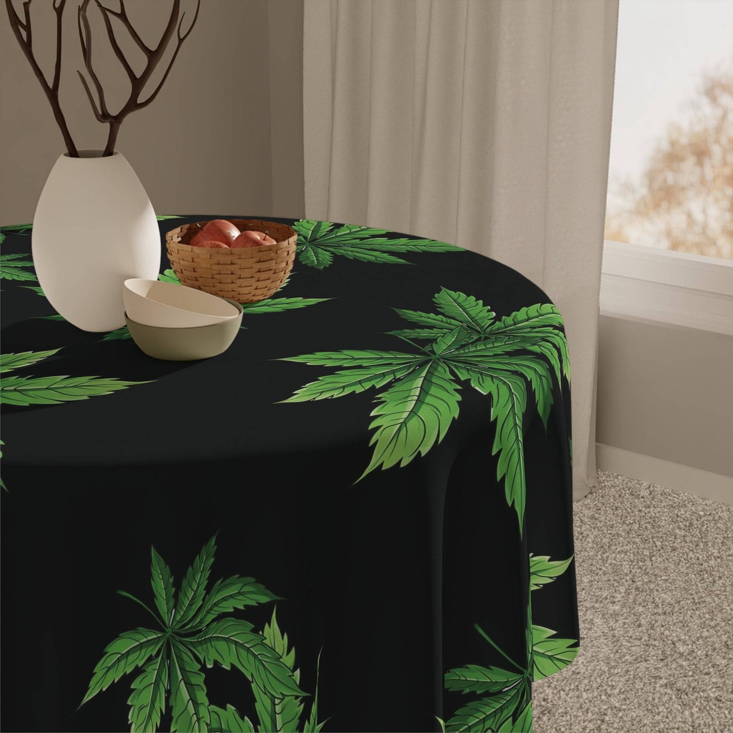 Cannabis Leaf on Black Tablecloth | Marijuana Leaves Kitchen Table Cover | Weed Themed Home Decor | "Lazy Day"