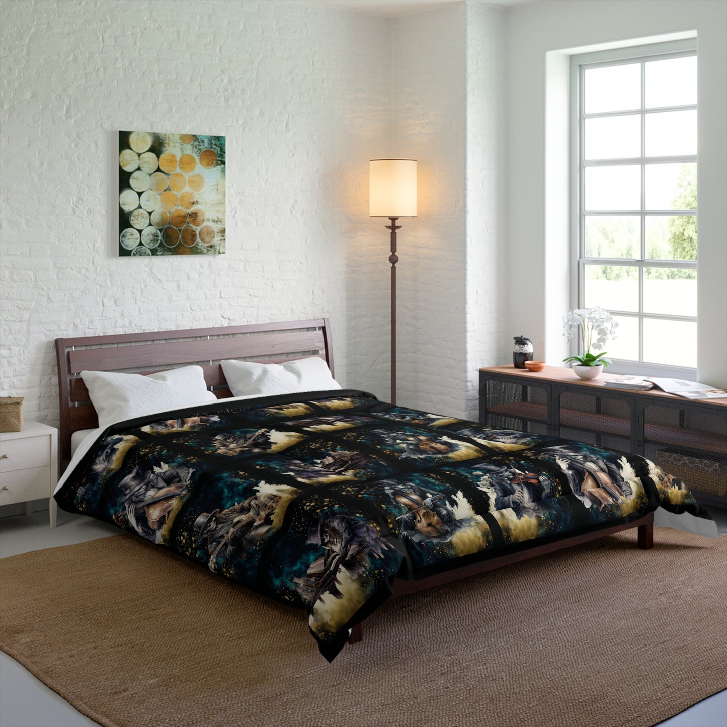 Lightweight Comforter | Skeleton Rock Band Bedding | Rock & Roll Death Themed Bedroom | "Music Man"