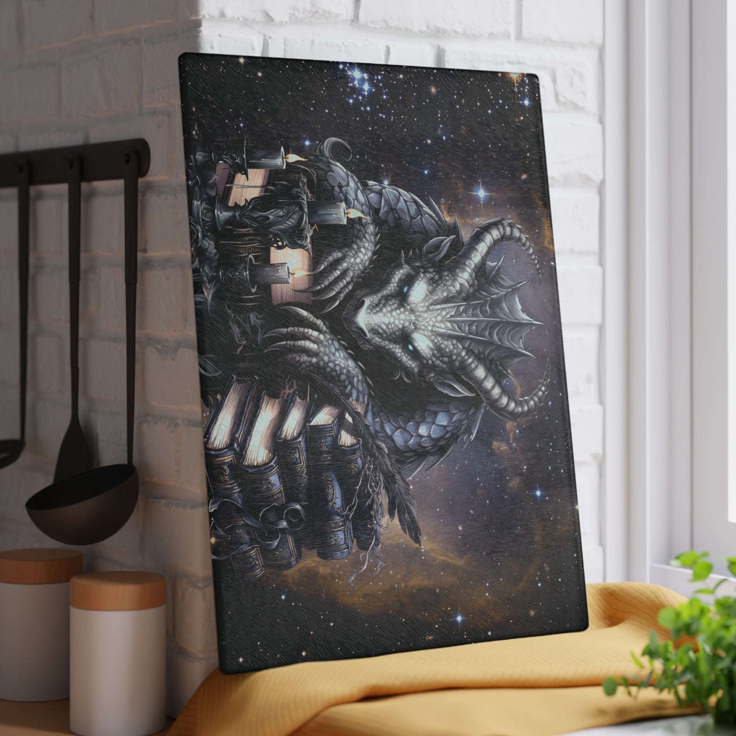 Ethereal Fantasy Style Glass Cutting Board | Black Gargoyle Starry Sky Kitchen Decor | Supernatural Themed Home Accents | "Knowledge is Power"