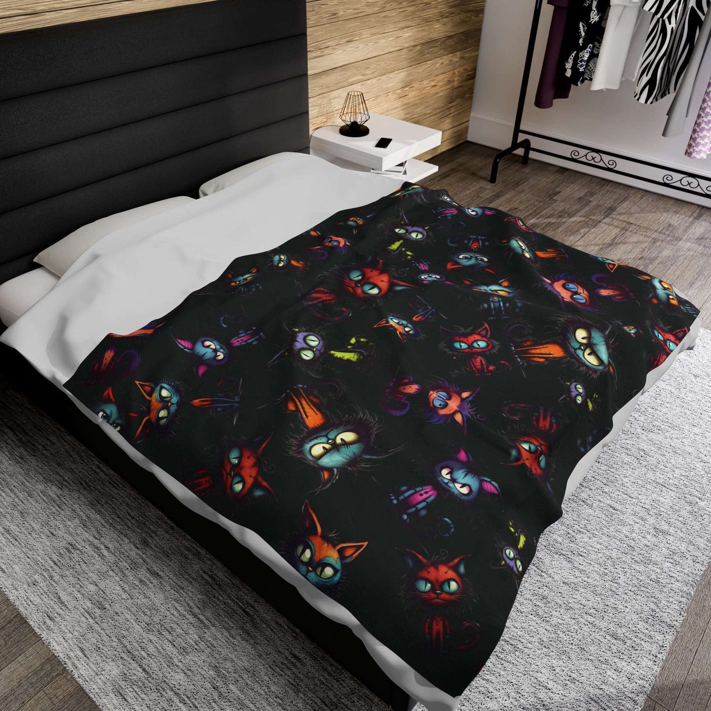 Scary Cartoon Style Cat Velveteen Blanket | Spooky Kitties Plush Throw Blanket | Cat Art Themed Home Decor | "Feline Combine"