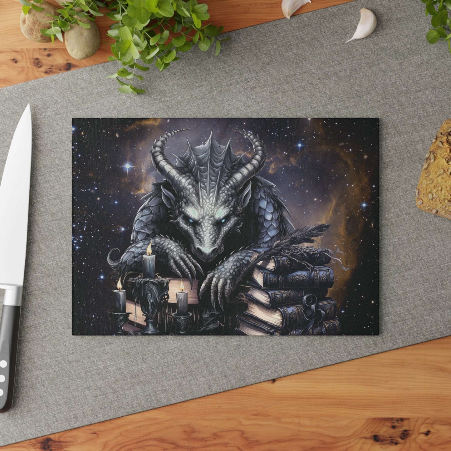 Ethereal Fantasy Style Glass Cutting Board | Black Gargoyle Starry Sky Kitchen Decor | Supernatural Themed Home Accents | "Knowledge is Power"