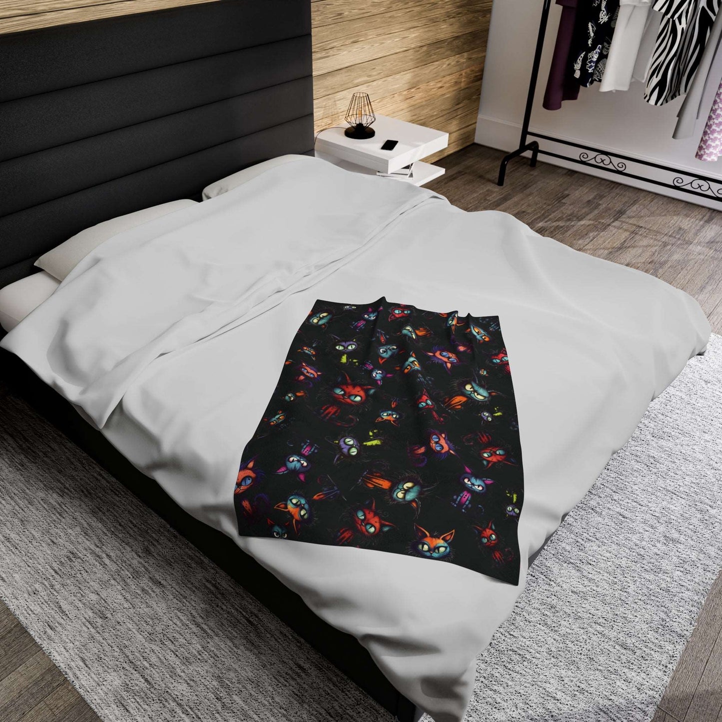 Scary Cartoon Style Cat Velveteen Blanket | Spooky Kitties Plush Throw Blanket | Cat Art Themed Home Decor | "Feline Combine"