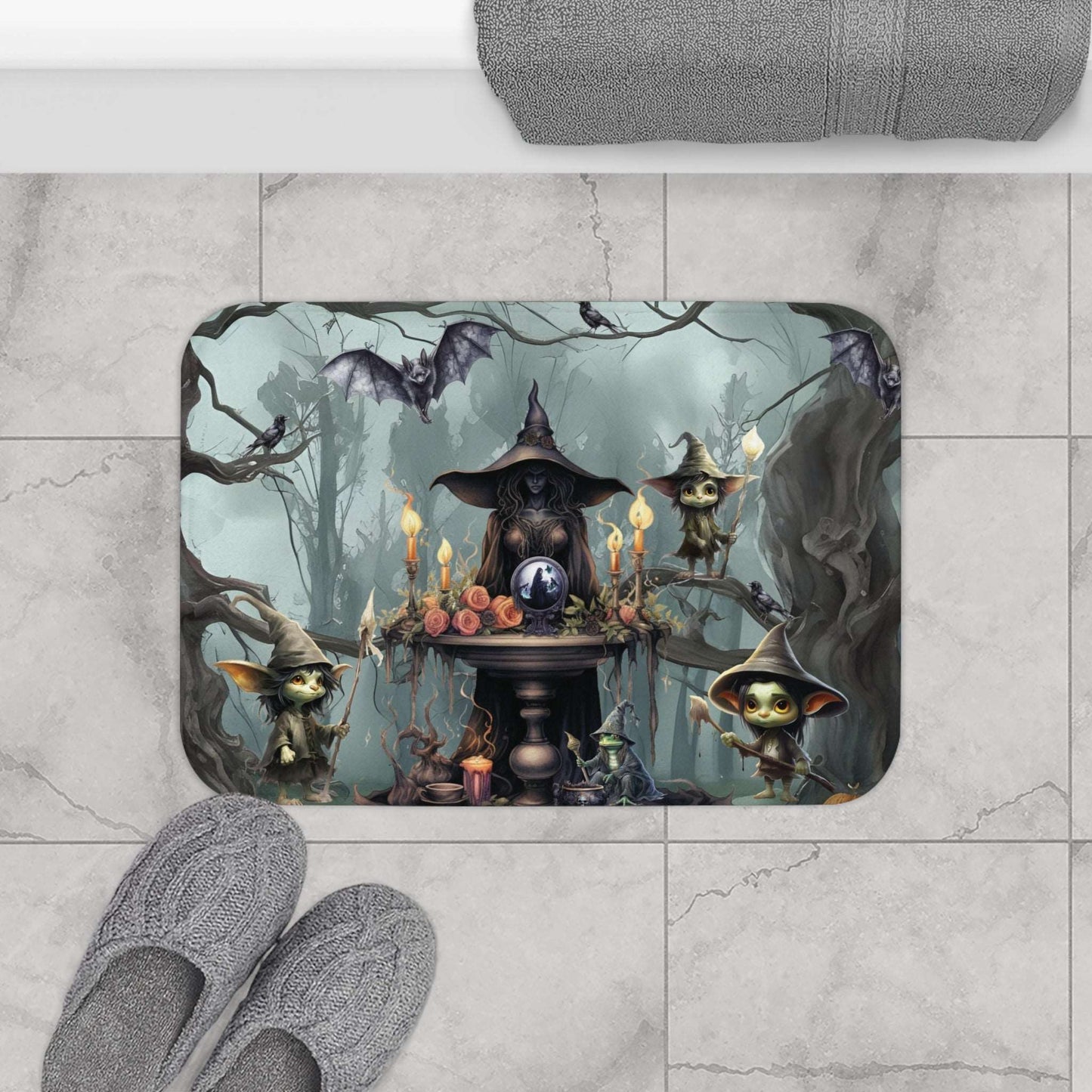 Ethereal Fantasy Style Bath Mat | Sorceress Forest Goblins Bathroom Rug | Fable Themed Bath Decor | "Queen of the Goblin Forest"