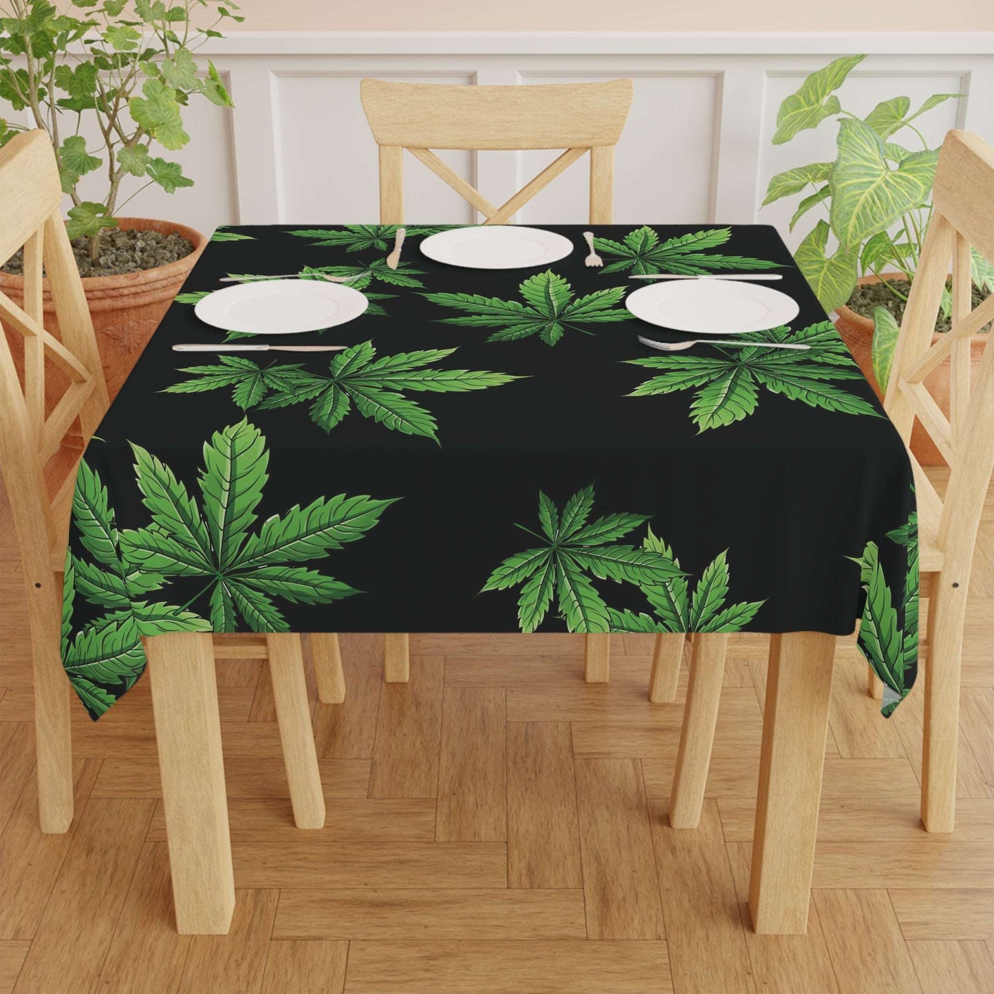 Cannabis Leaf on Black Tablecloth | Marijuana Leaves Kitchen Table Cover | Weed Themed Home Decor | "Lazy Day"