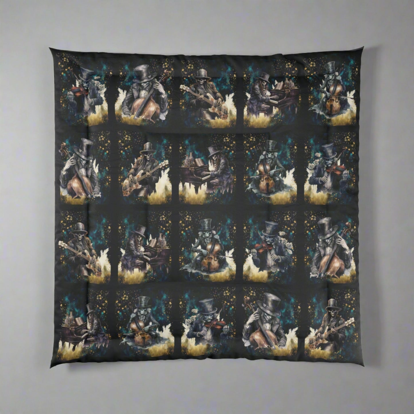 Lightweight Comforter | Skeleton Rock Band Bedding | Rock & Roll Death Themed Bedroom | "Music Man"