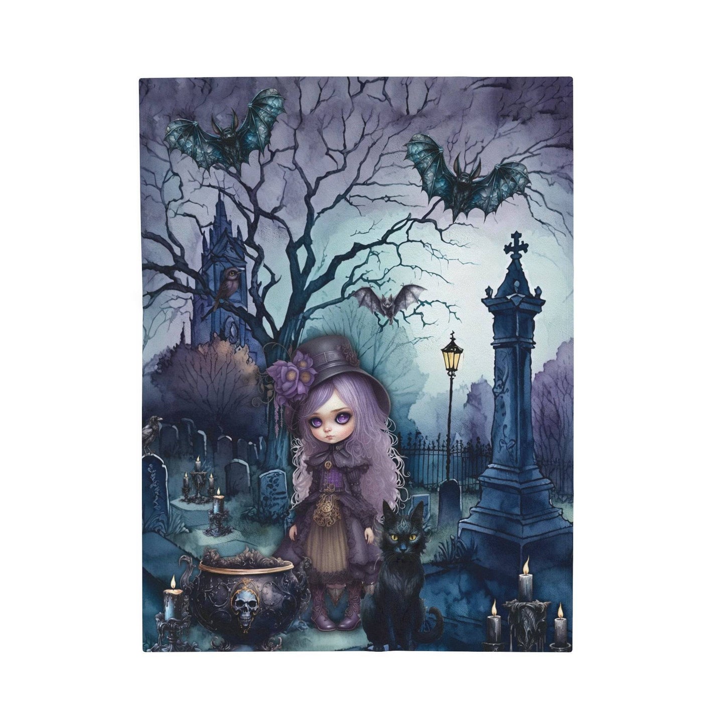 Dark Spooky Velveteen Blanket | Witch Cemetery Black Cat Plush Blanket | Dark Scary Themed Home Decor | "Witch Amongst the Dead"