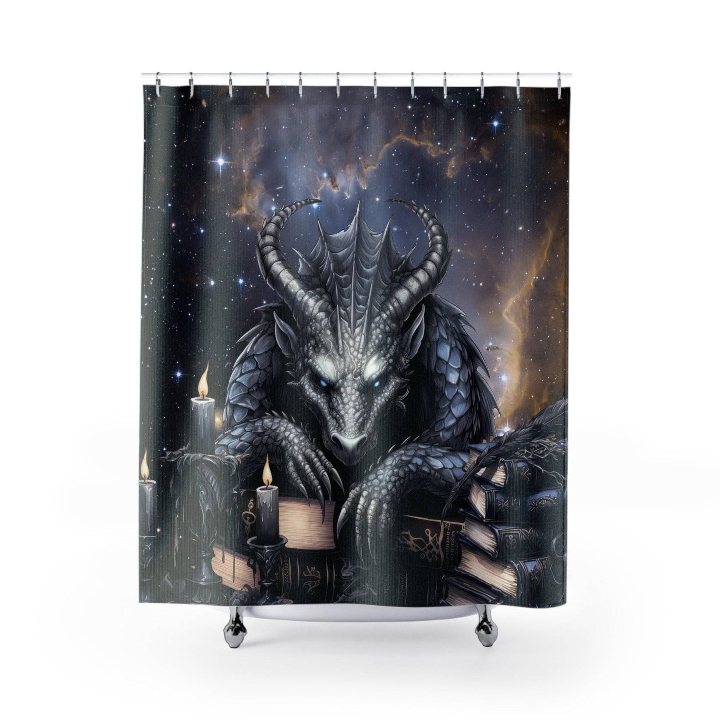 Ethereal Fantasy Style Shower Curtain | Black Gargoyle Starry Sky Bathroom | Supernatural Themed Bath Decor | "Knowledge is Power"