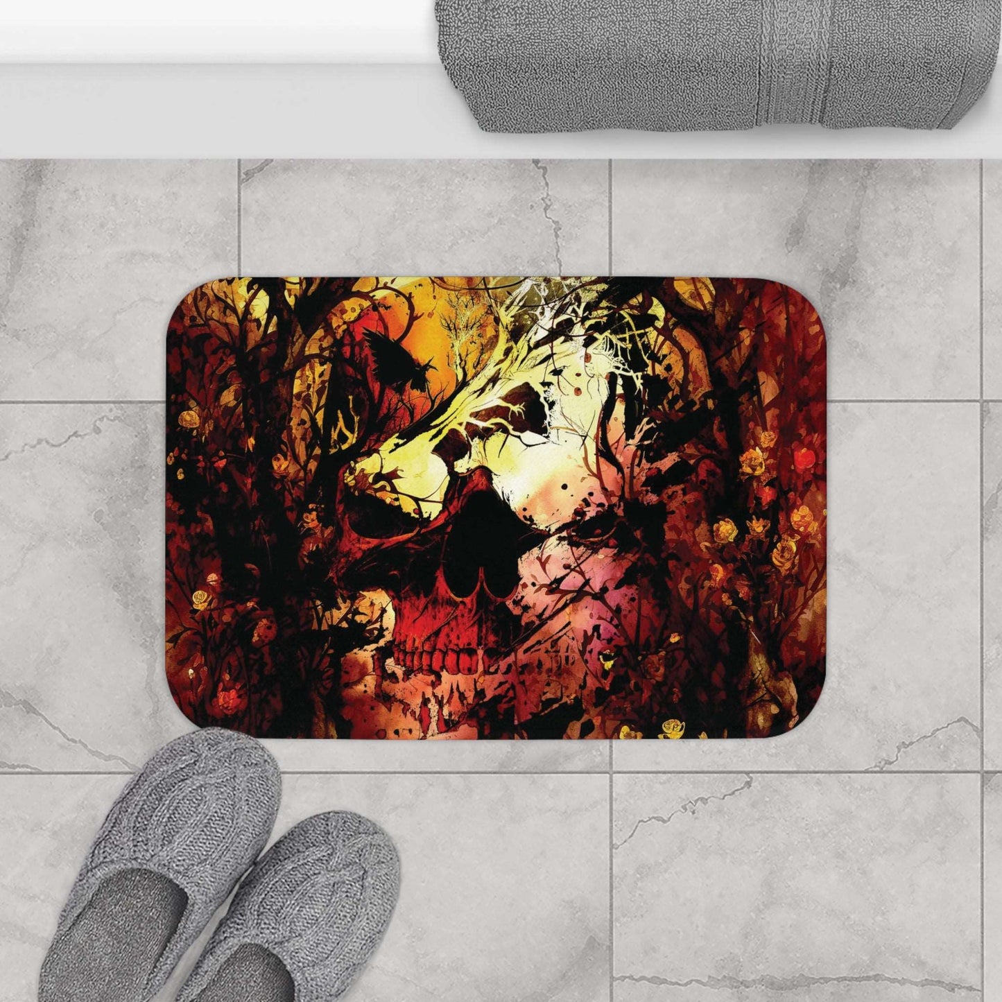 Abstract Horror Style Bath Mat | Skull Vines Ethereal Bathroom Rug | Dark Scary Themed Bathroom Decor | "Skullitrax"