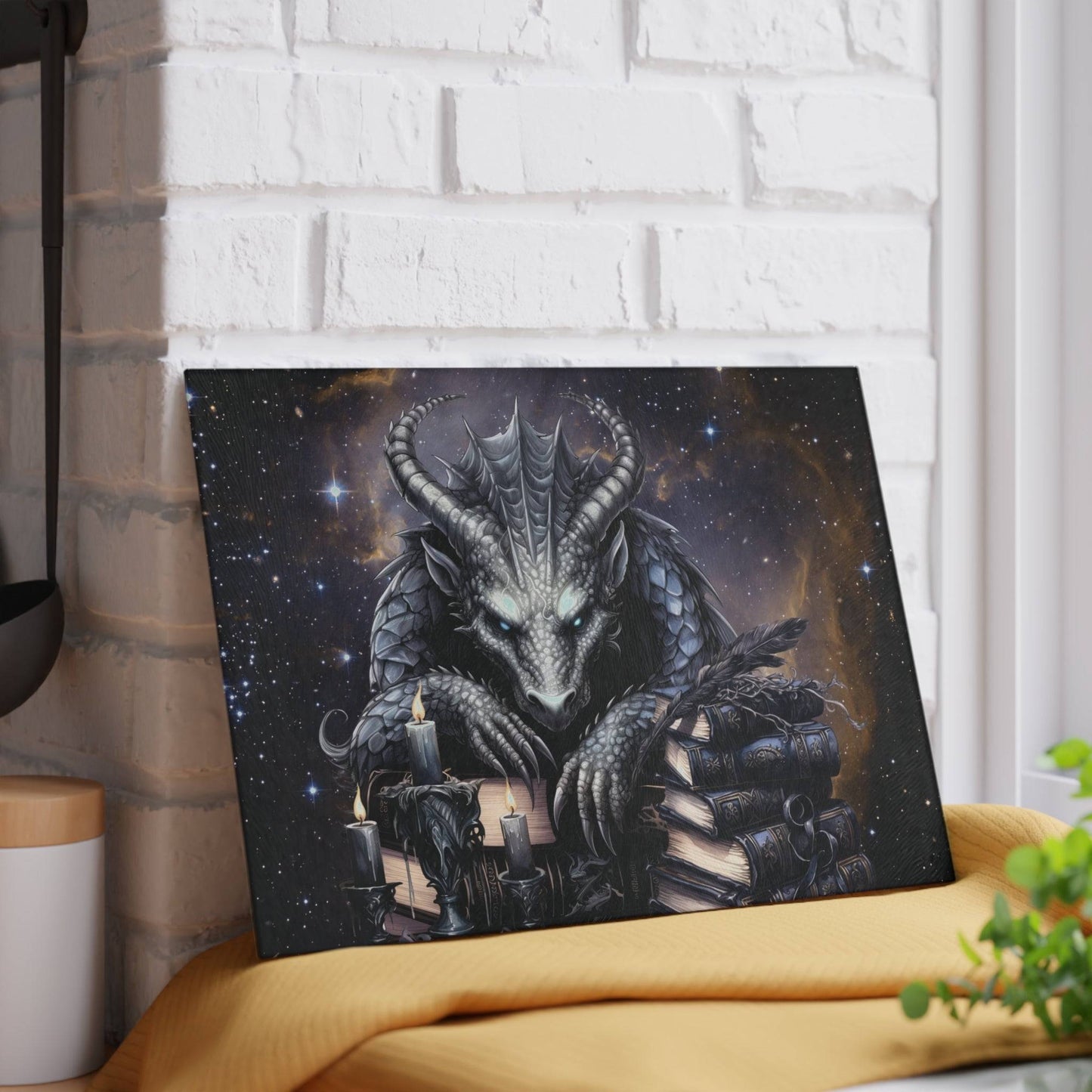 Ethereal Fantasy Style Glass Cutting Board | Black Gargoyle Starry Sky Kitchen Decor | Supernatural Themed Home Accents | "Knowledge is Power"