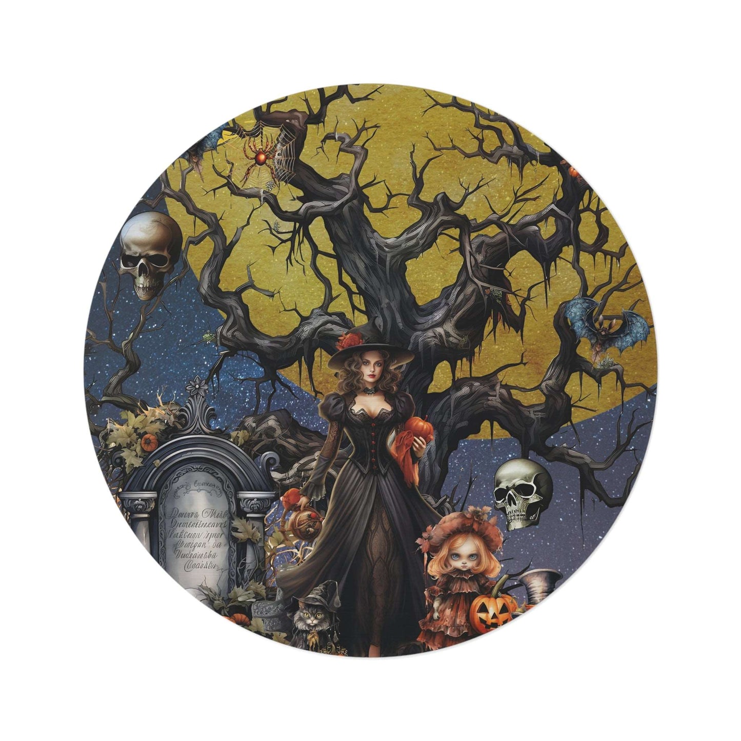 Autumn Fall Gothic Round Accent Rug | Witch Cemetery Skulls Little Girl Area Rug | Dark Scary Themed Home Decor | "Autumn Moon"