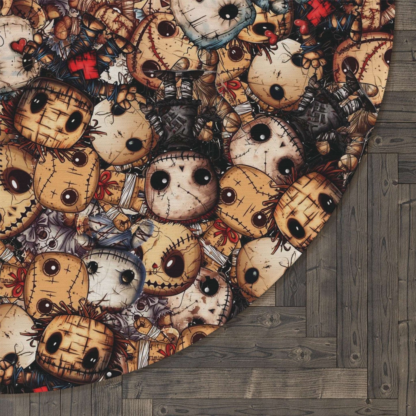 Dark Voodoo Style Round Accent Rug | Voodoo Dolls Area Rug | Black Magic Themed Home Decor | "Stitches and Sabotage"