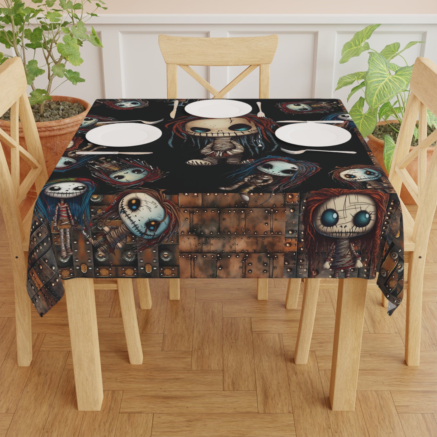 Voodoo Steampunk Style Tablecloth | Voodoo Dolls Kitchen Table Cover | Dark Scary Themed Home Decor | "Pins and Needles"