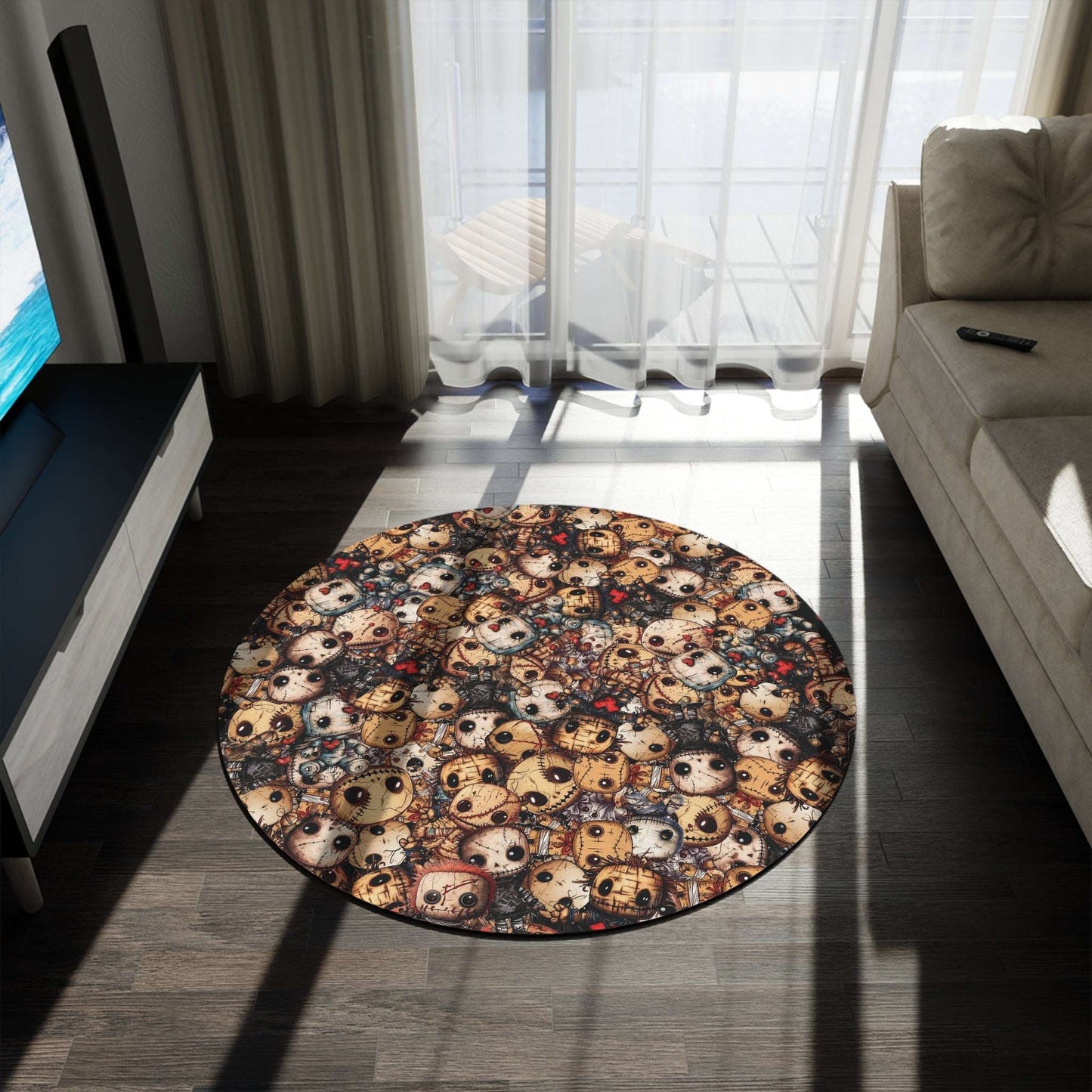 Dark Voodoo Style Round Accent Rug | Voodoo Dolls Area Rug | Black Magic Themed Home Decor | "Stitches and Sabotage"