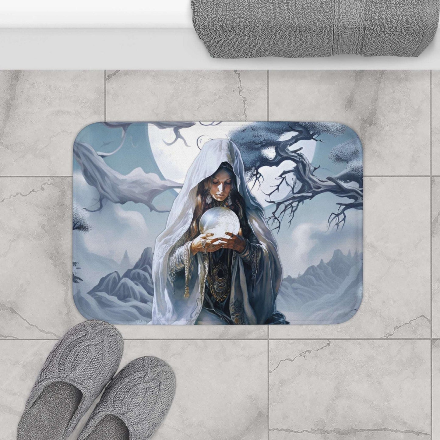 Eclectic Bath Mat | Dark Setting Fortune Teller Crystal Ball Bathroom Rug | Ethereal Themed Bath Decor | "Visions"