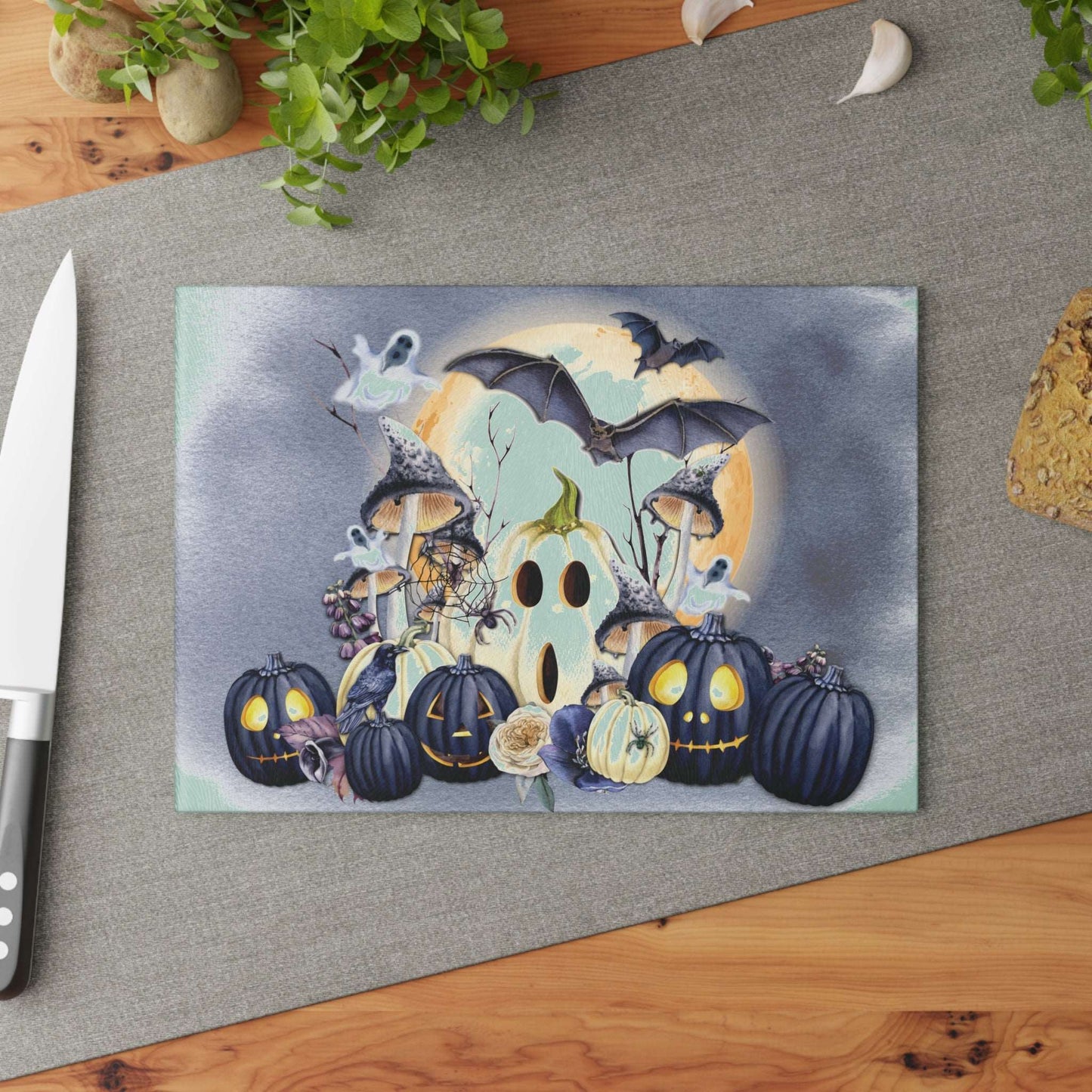 Always Halloween Style Glass Cutting Board | Year Round Halloween Kitchen Decor | Spooky Themed Home Accents | "Halloween Blues"
