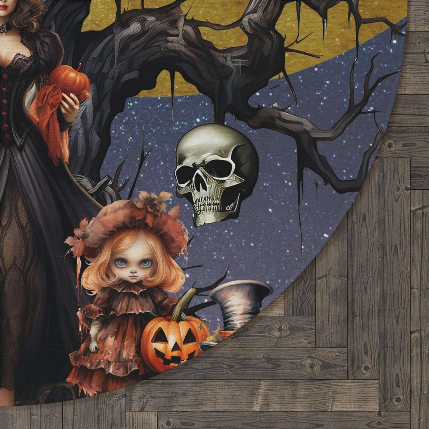 Autumn Fall Gothic Round Accent Rug | Witch Cemetery Skulls Little Girl Area Rug | Dark Scary Themed Home Decor | "Autumn Moon"