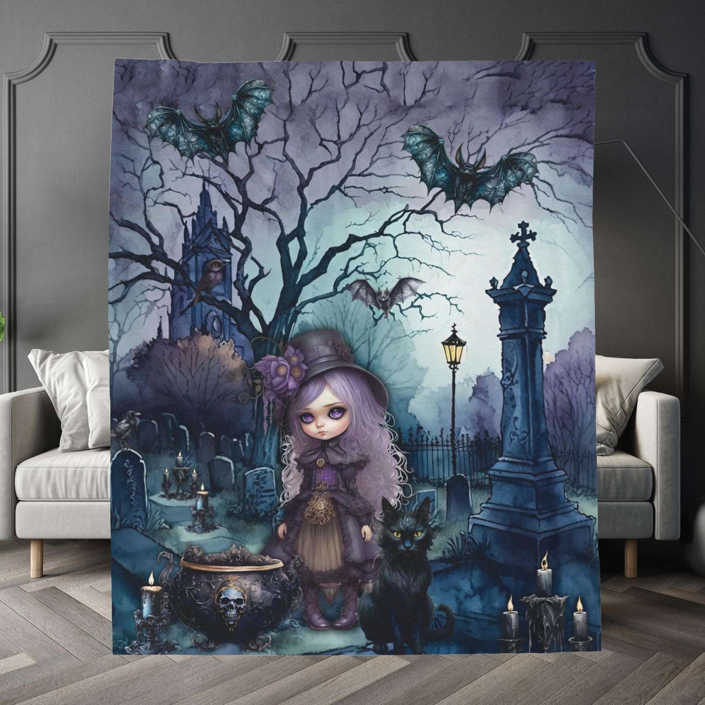Dark Spooky Velveteen Blanket | Witch Cemetery Black Cat Plush Blanket | Dark Scary Themed Home Decor | "Witch Amongst the Dead"