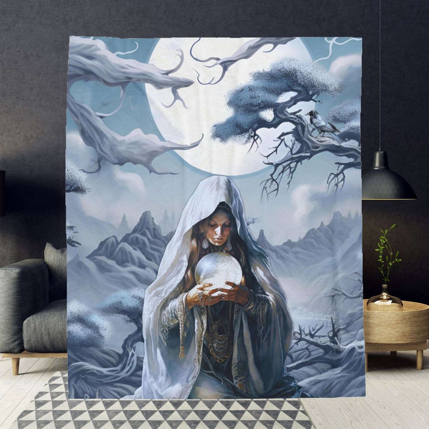 Eclectic Velveteen Blanket | Dark Setting Fortune Teller Crystal Ball Plush Blanket | Ethereal Themed Home Decor | "Visions"