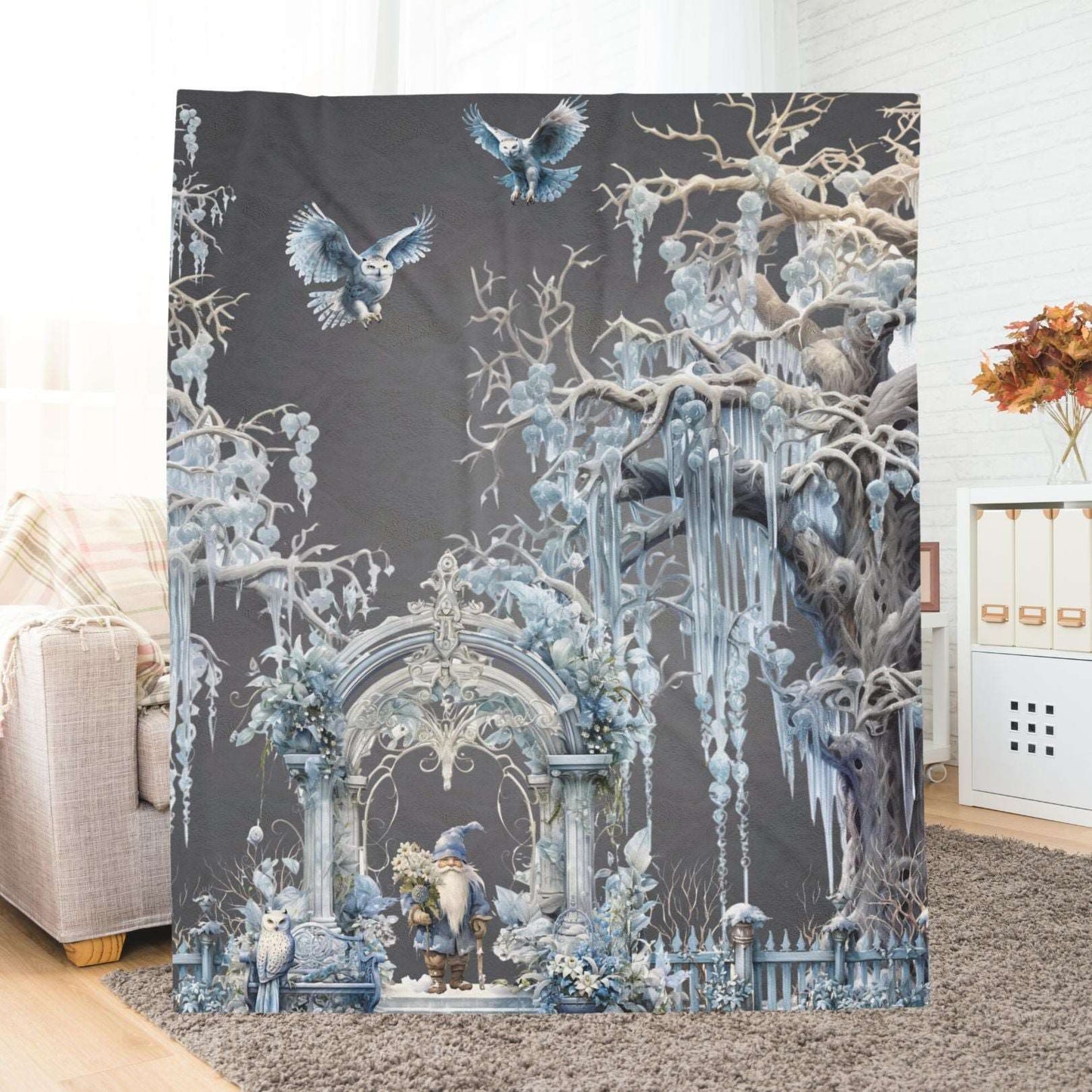 Owls and Wizard Winter Forest Velveteen Blanket | Plush Throw Blanket | Fantasy Themed Home Decor | "Winter Dreams"