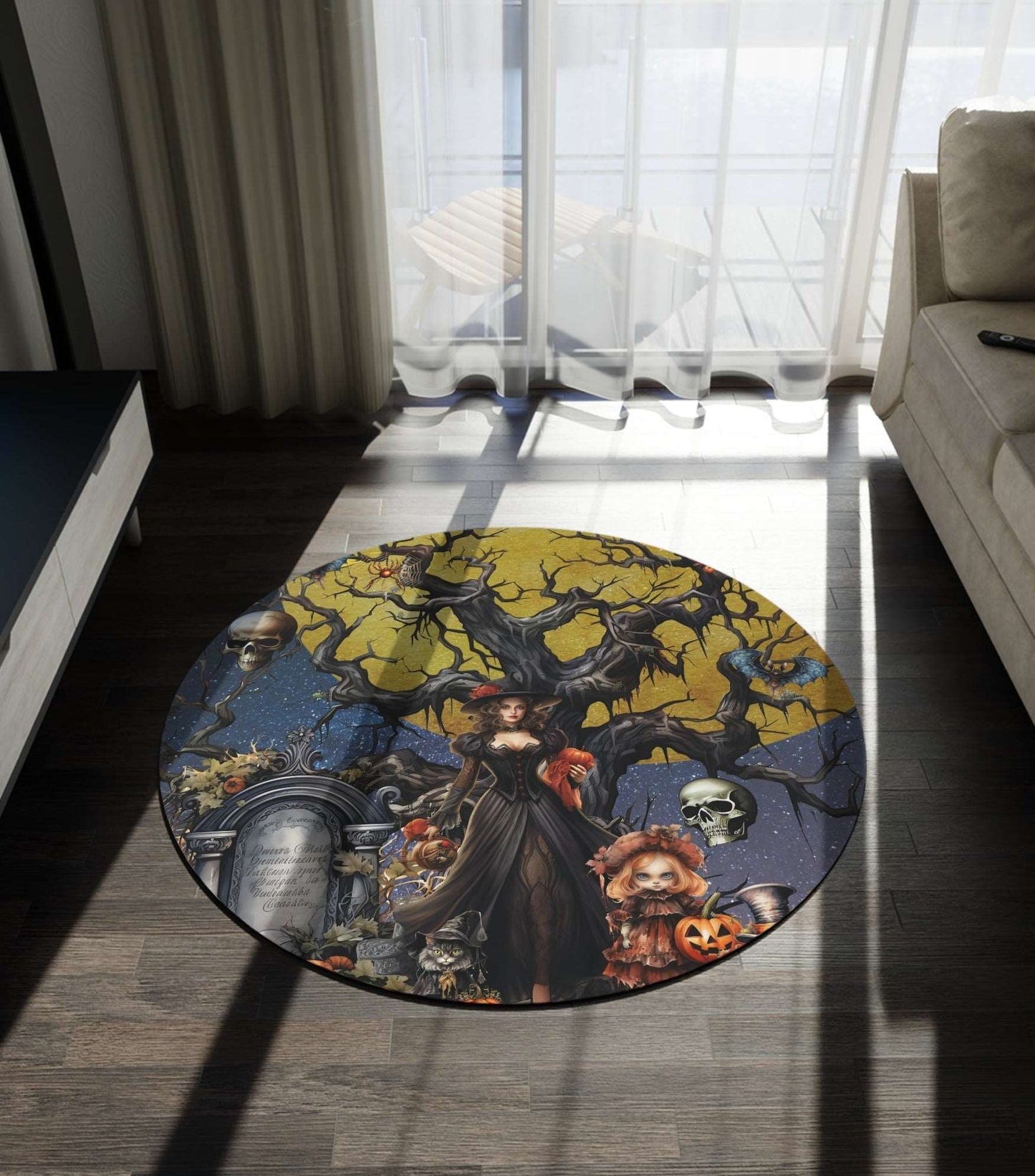 Autumn Fall Gothic Round Accent Rug | Witch Cemetery Skulls Little Girl Area Rug | Dark Scary Themed Home Decor | "Autumn Moon"