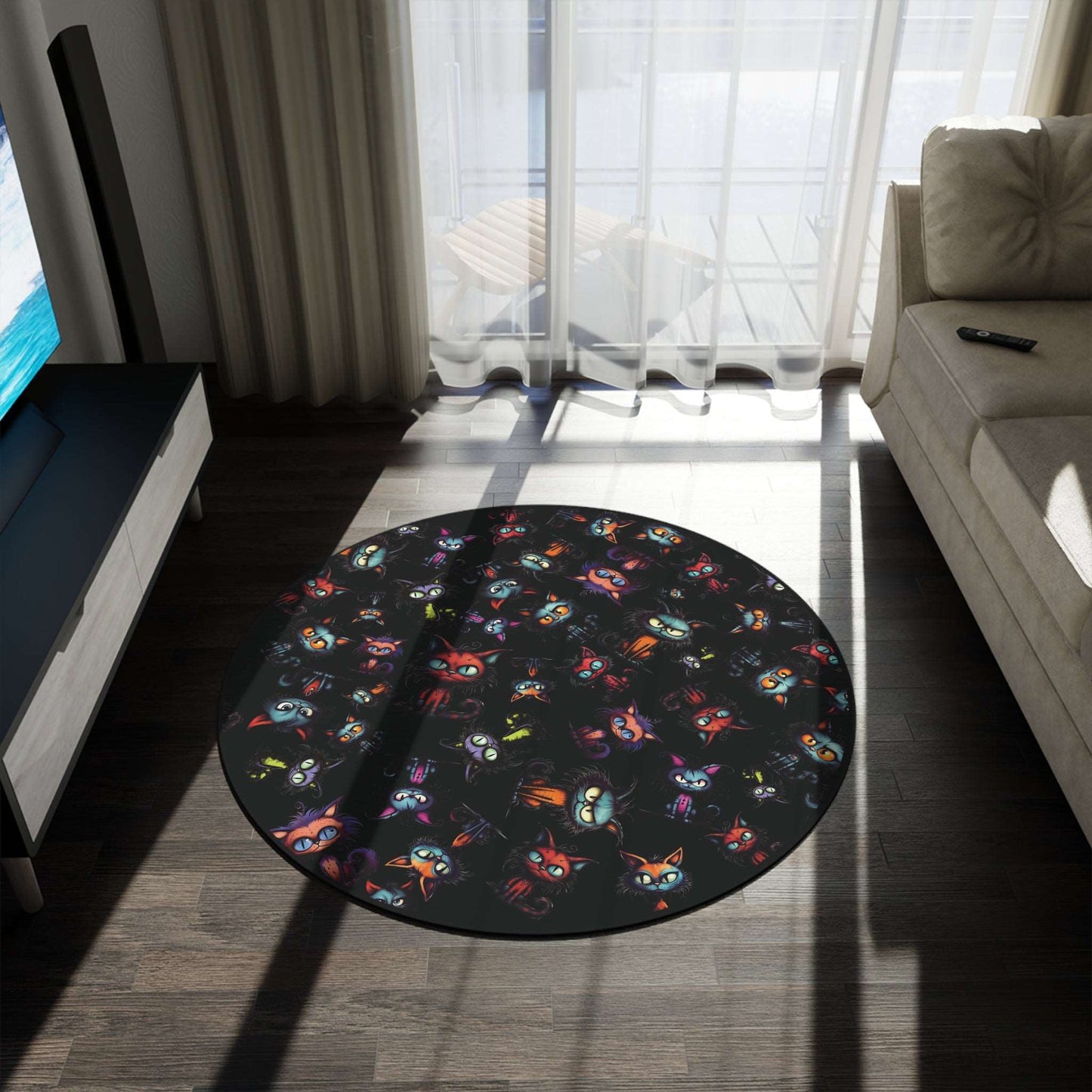 Scary Cartoon Style Cat Round Accent Rug | Spooky Kitties Area Rug | Cat Art Themed Home Decor | "Feline Combine"