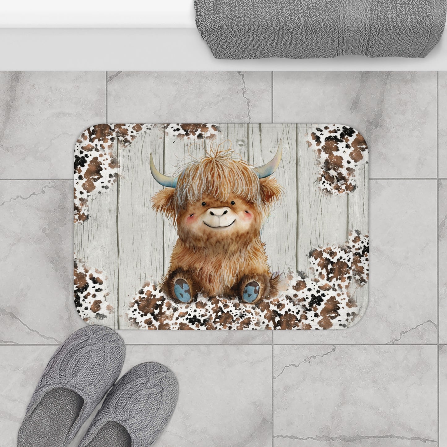 Rustic Farmhouse Bath Mat | Highland Cow Woodprint Bathroom Rug | Cow Themed Bath Decor | "Highland Nudity"
