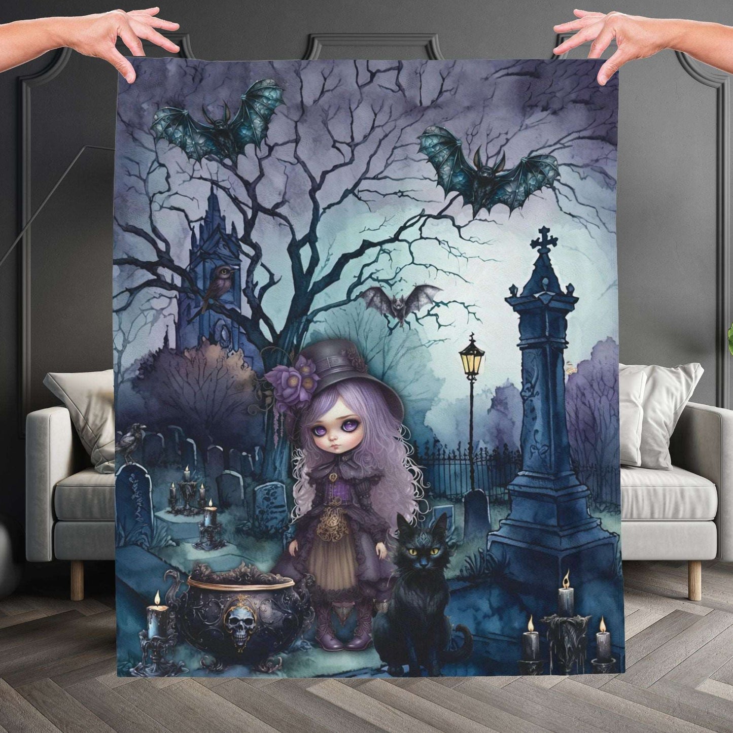 Dark Spooky Velveteen Blanket | Witch Cemetery Black Cat Plush Blanket | Dark Scary Themed Home Decor | "Witch Amongst the Dead"
