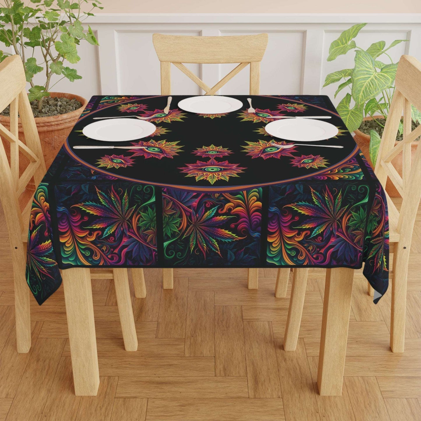 Cannabis with Eyes on Black Tablecloth | Herbal Enlightenment Psychedelic Style Table Cover | Weed Themed Home Decor | "Third Eye"