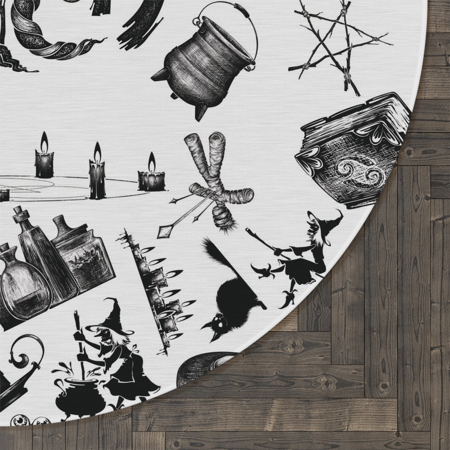 Witchy Pattern Style Round Accent Rug | Witch Symbols Area Rug | Witchcraft Themed Home Decor | "Twisted Witch"