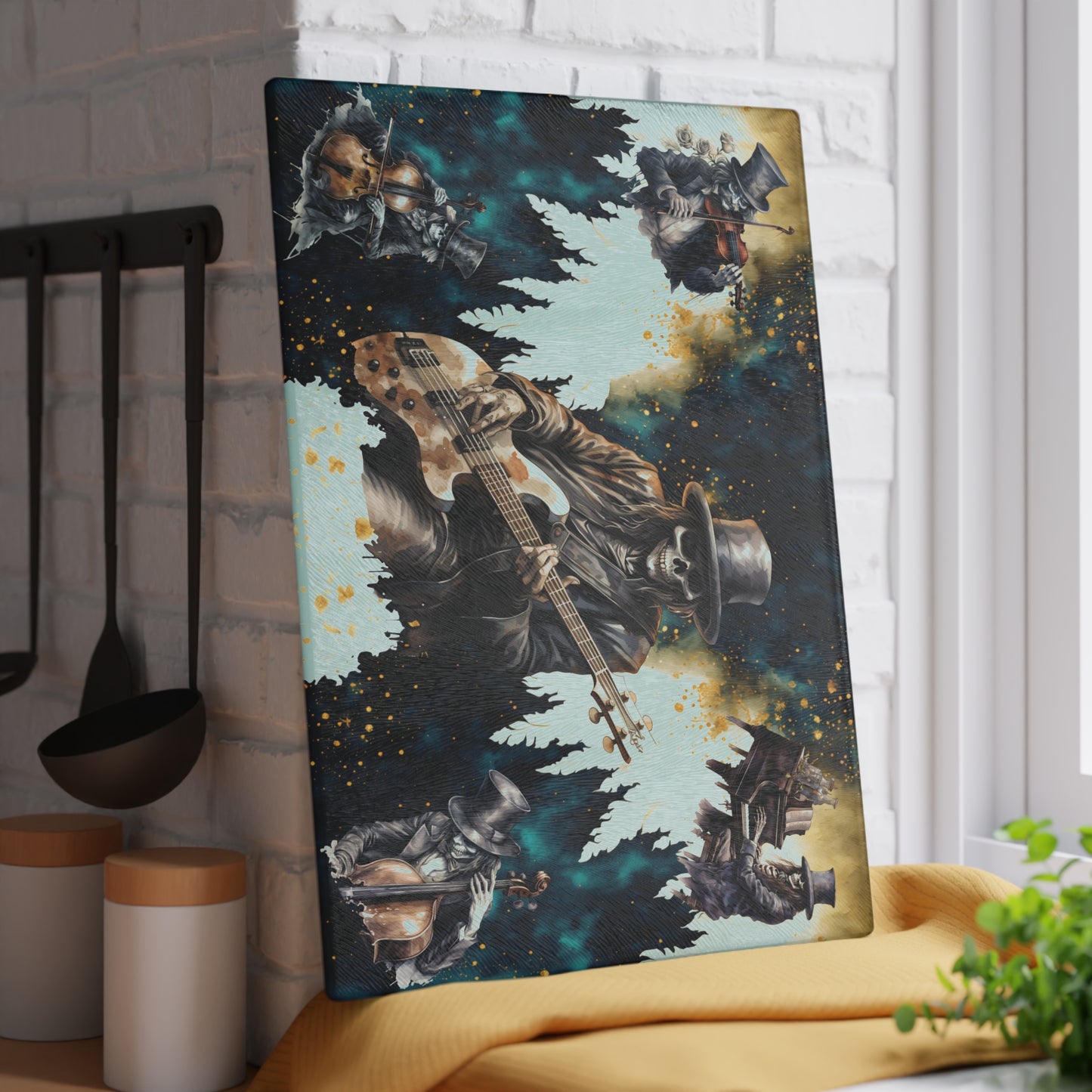 Skeleton Rock Band Glass Cutting Board | Ghostly Music Kitchen Decor | Rock & Roll Death Themed Home Accents | "Music Man"