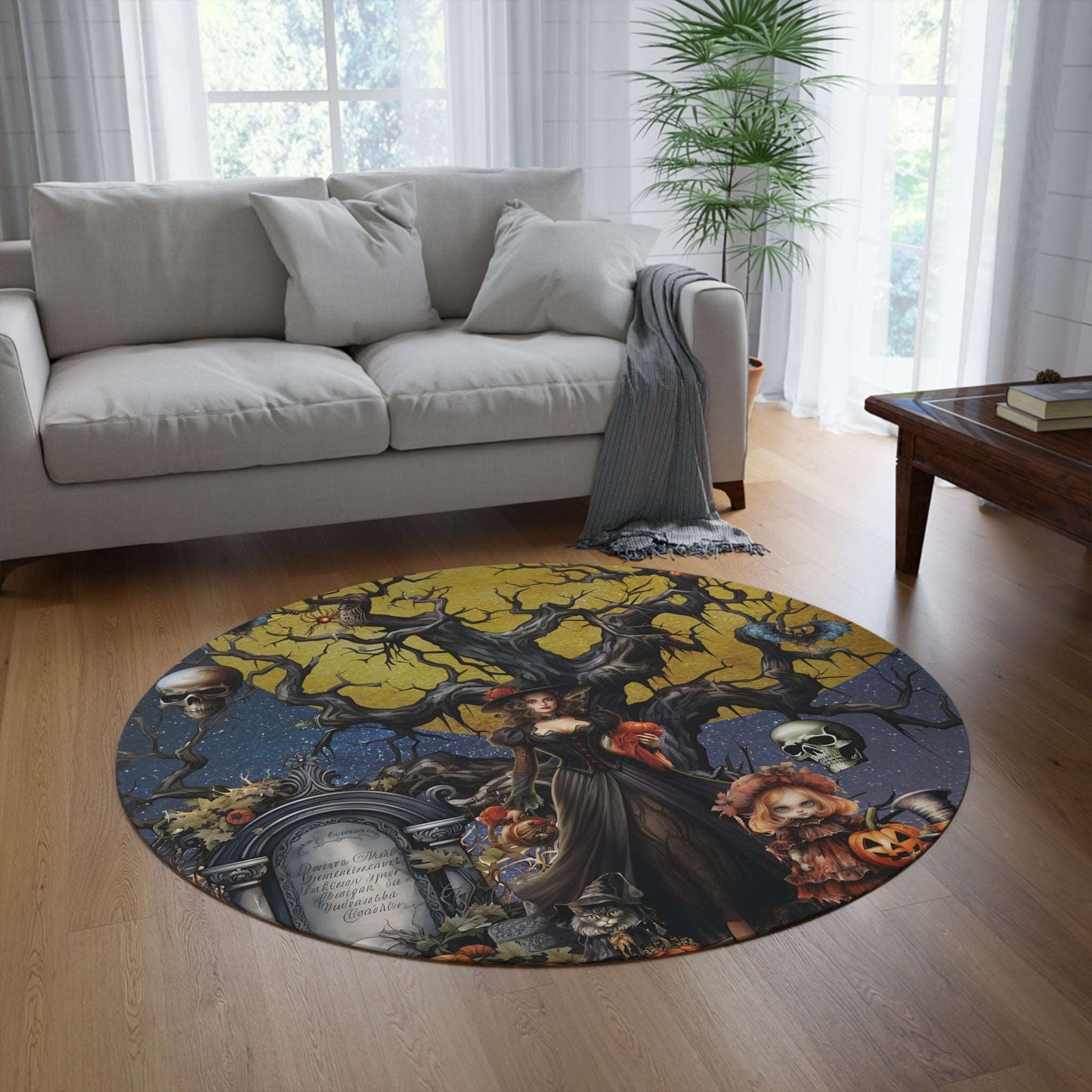 Autumn Fall Gothic Round Accent Rug | Witch Cemetery Skulls Little Girl Area Rug | Dark Scary Themed Home Decor | "Autumn Moon"