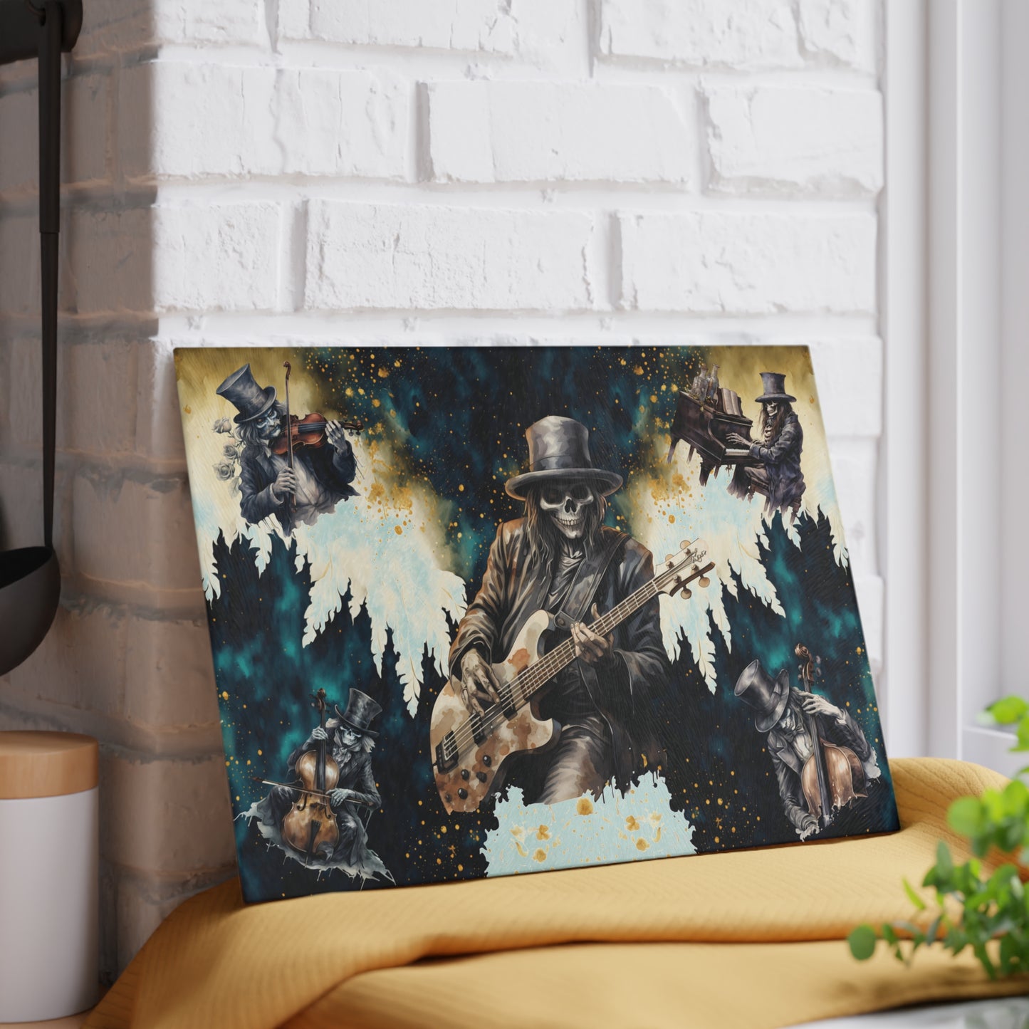 Skeleton Rock Band Glass Cutting Board | Ghostly Music Kitchen Decor | Rock & Roll Death Themed Home Accents | "Music Man"