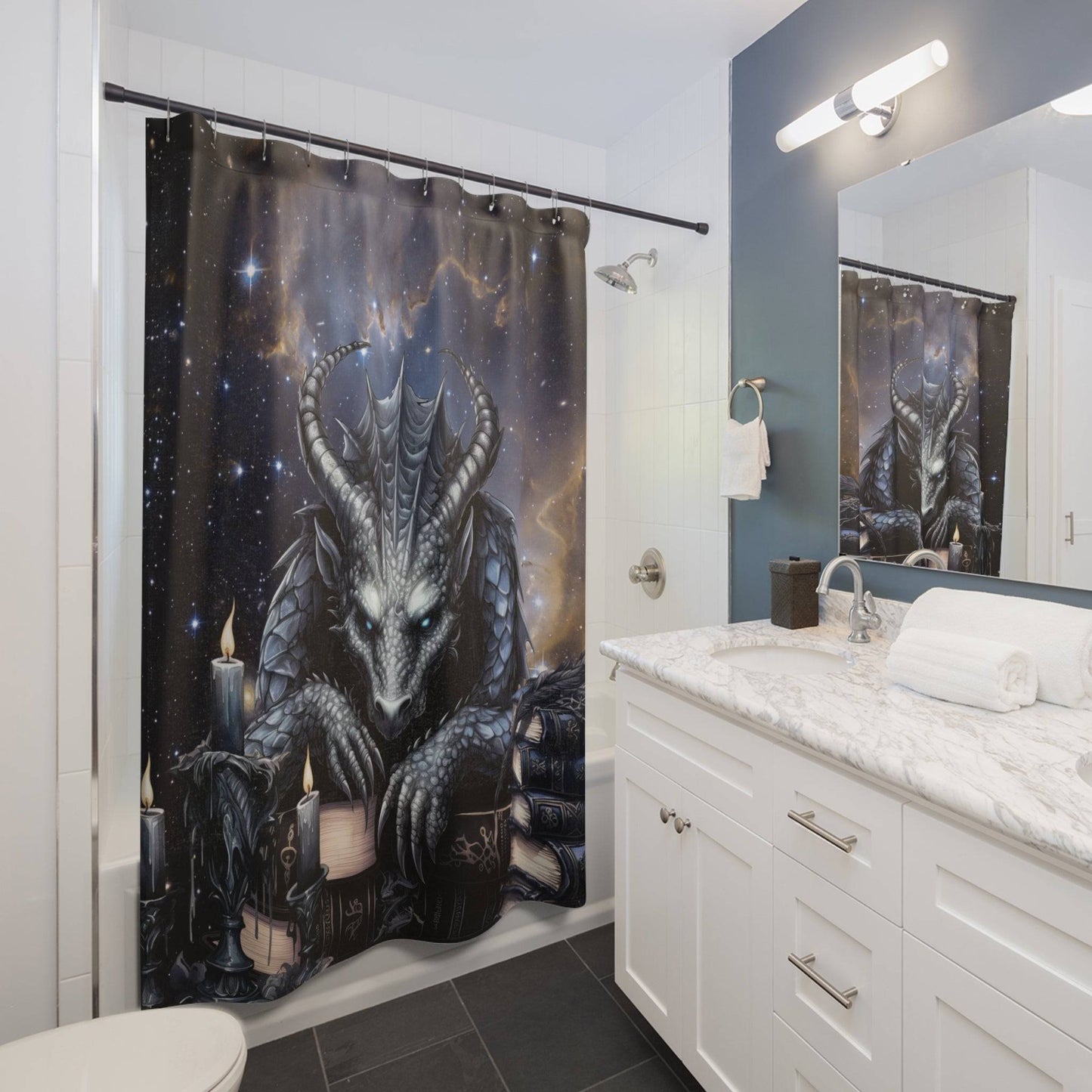 Ethereal Fantasy Style Shower Curtain | Black Gargoyle Starry Sky Bathroom | Supernatural Themed Bath Decor | "Knowledge is Power"