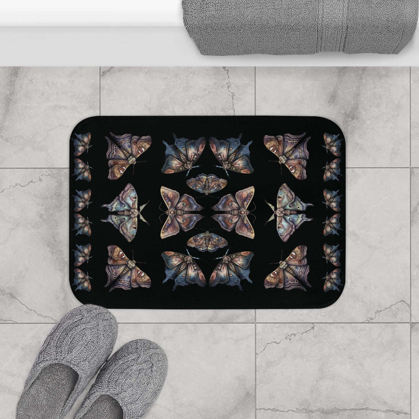 Lunar Moths on Black Bath Mat | Unique Stylish Bathroom Rug | Themed Bath Decor | "Intuition"