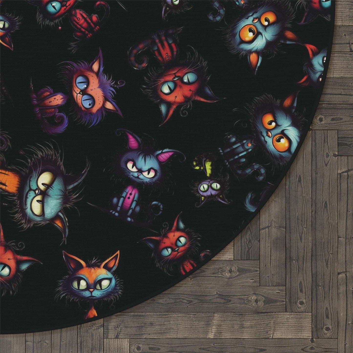 Scary Cartoon Style Cat Round Accent Rug | Spooky Kitties Area Rug | Cat Art Themed Home Decor | "Feline Combine"