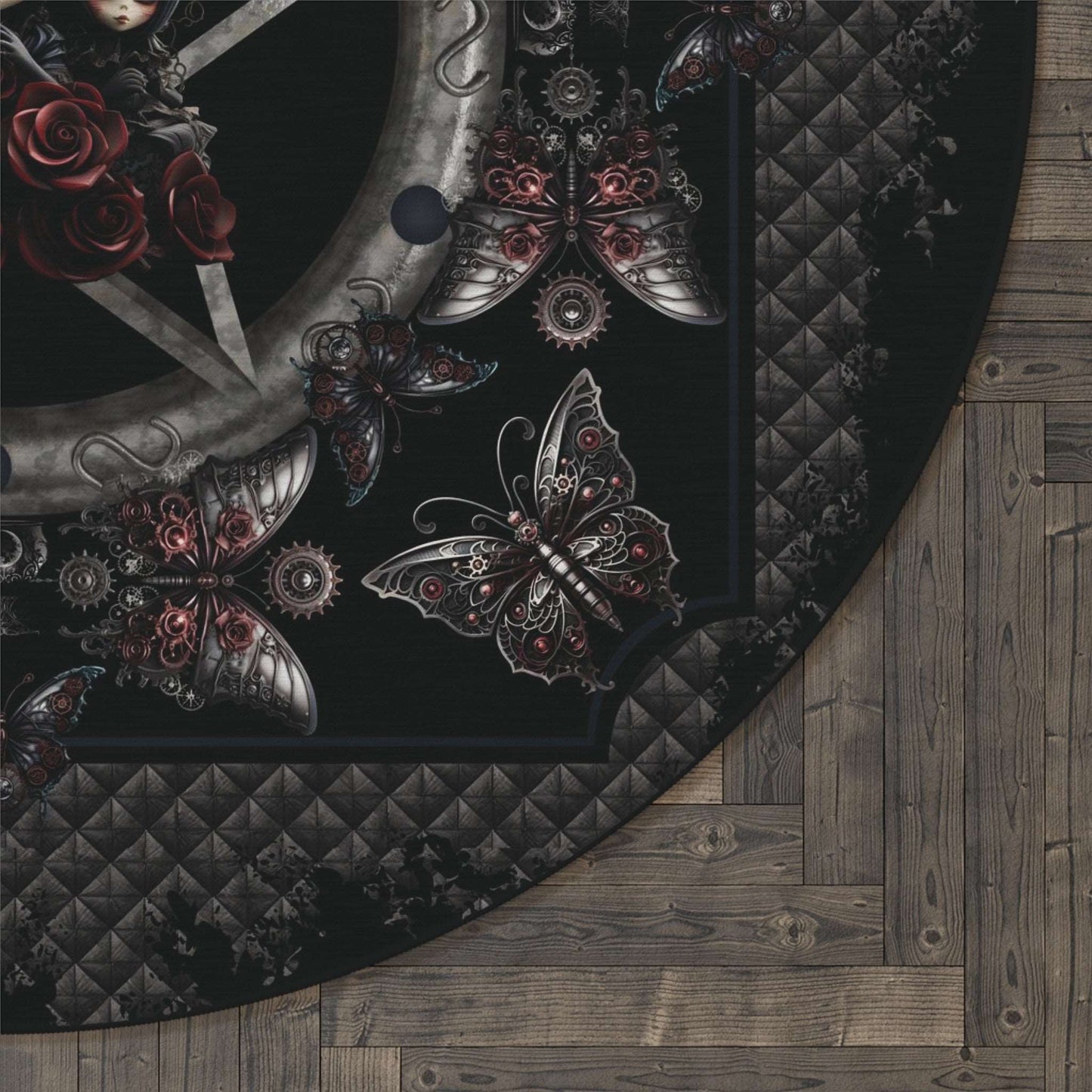Dark Gothic Steampunk Style Round Accent Rug | Steel Metal Roses Butterflies Area Rug | Dark Goth Themed Home Decor | "Heavy Metal"