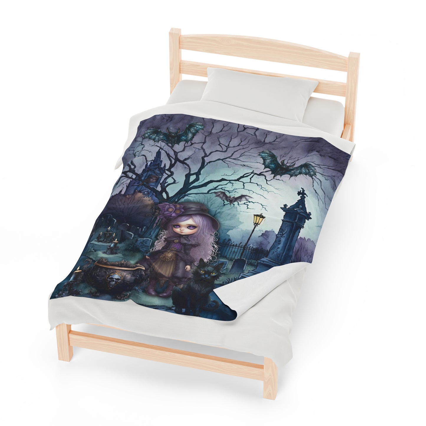 Dark Spooky Velveteen Blanket | Witch Cemetery Black Cat Plush Blanket | Dark Scary Themed Home Decor | "Witch Amongst the Dead"