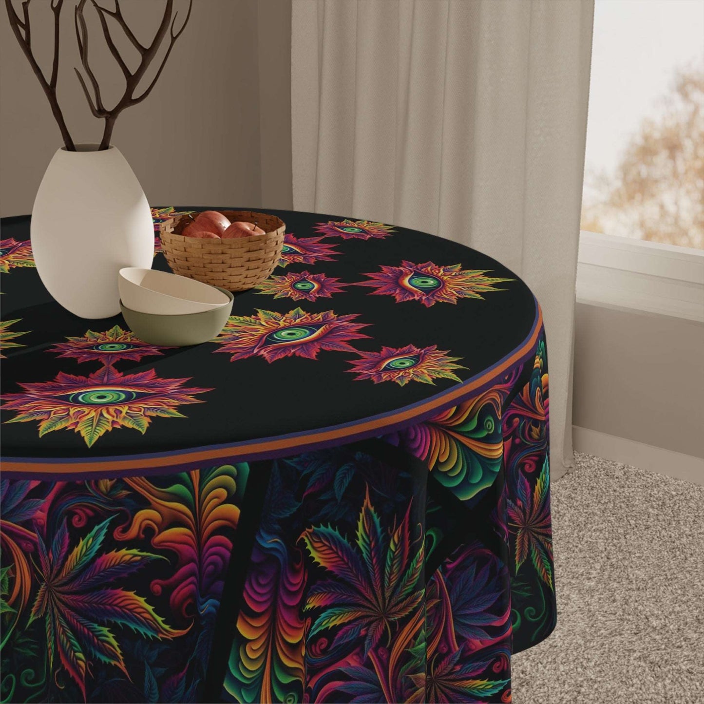 Cannabis with Eyes on Black Tablecloth | Herbal Enlightenment Psychedelic Style Table Cover | Weed Themed Home Decor | "Third Eye"