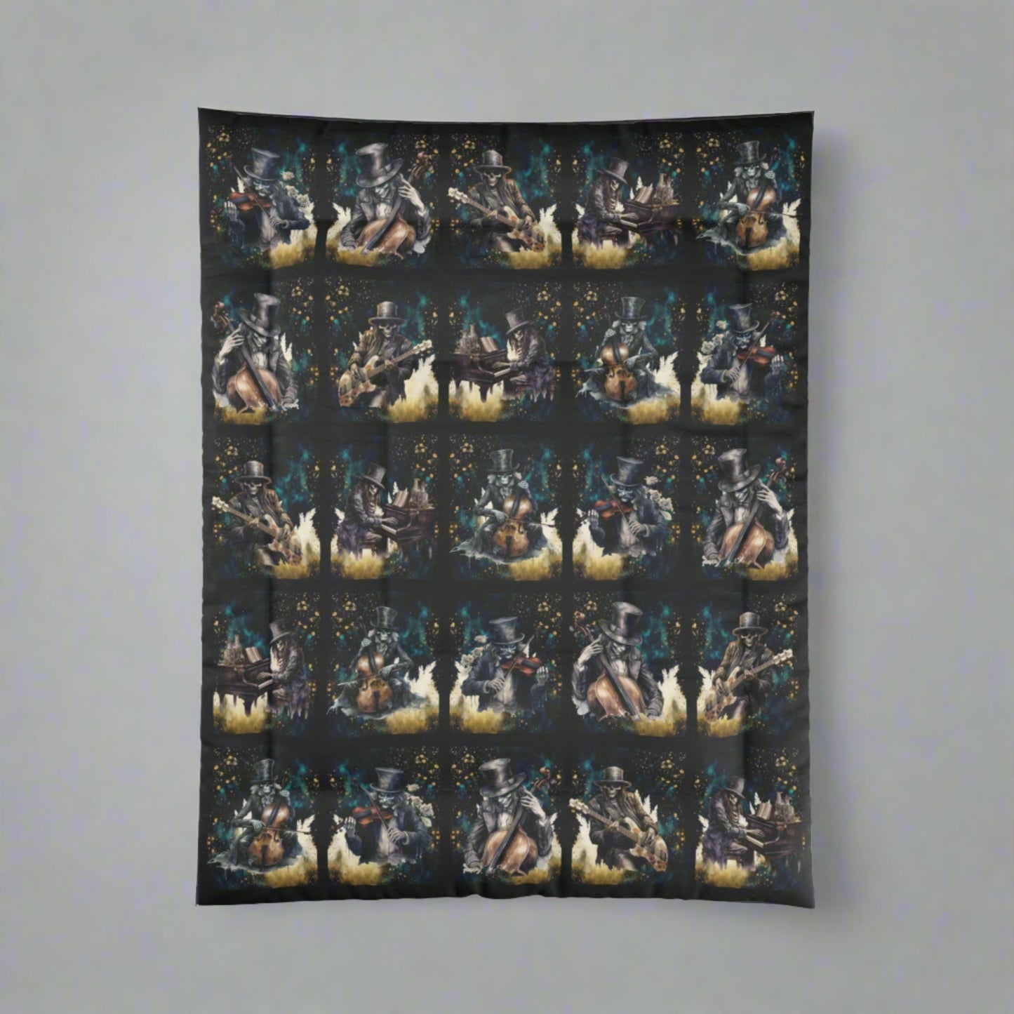 Lightweight Comforter | Skeleton Rock Band Bedding | Rock & Roll Death Themed Bedroom | "Music Man"