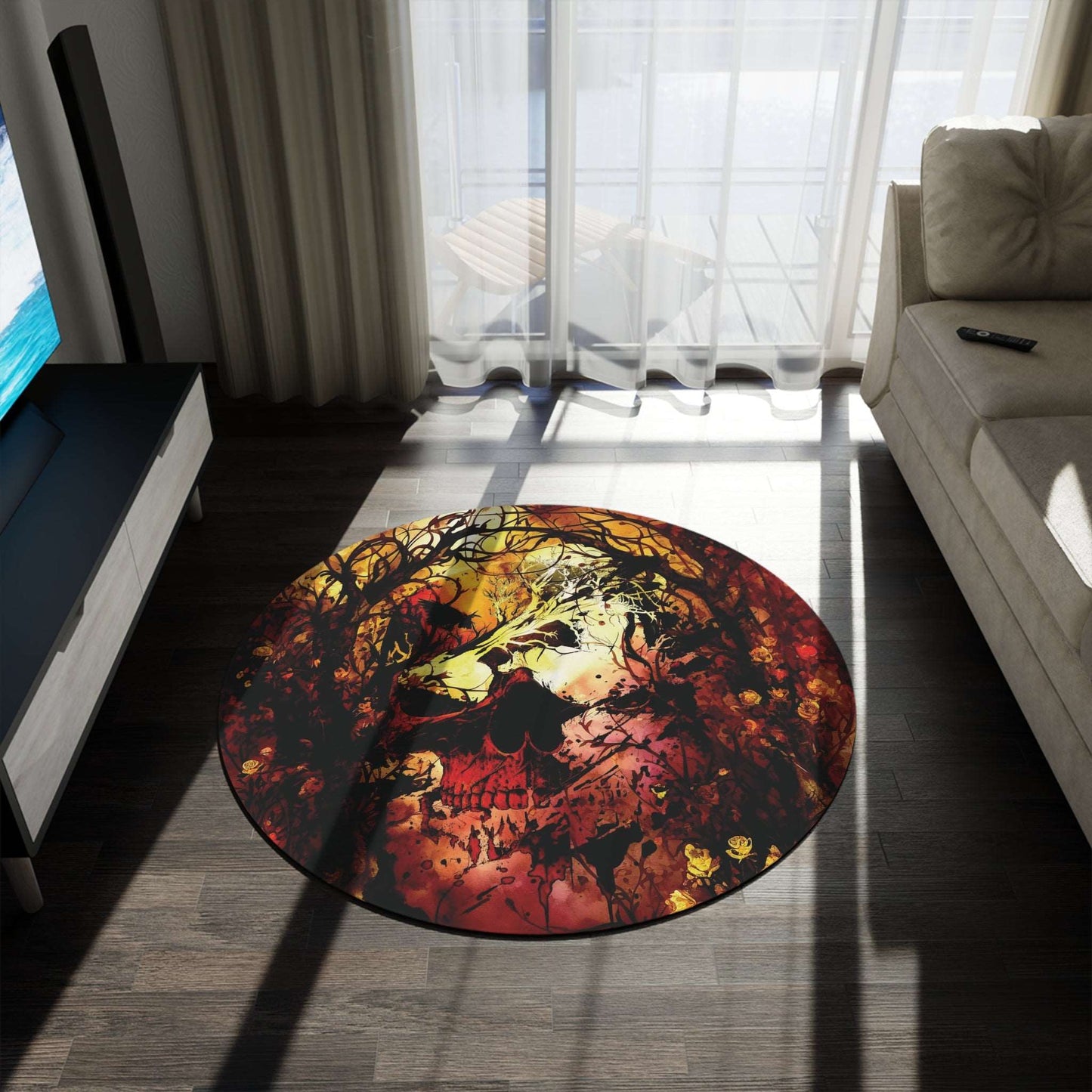 Abstract Horror Style Round Accent Rug | Skull Vines Ethereal Area Rug | Dark Scary Themed Home Decor | "Skullitrax"