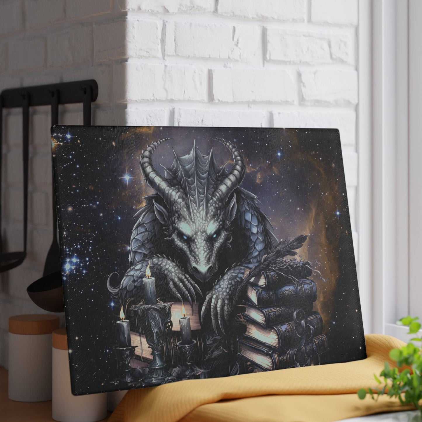 Ethereal Fantasy Style Glass Cutting Board | Black Gargoyle Starry Sky Kitchen Decor | Supernatural Themed Home Accents | "Knowledge is Power"
