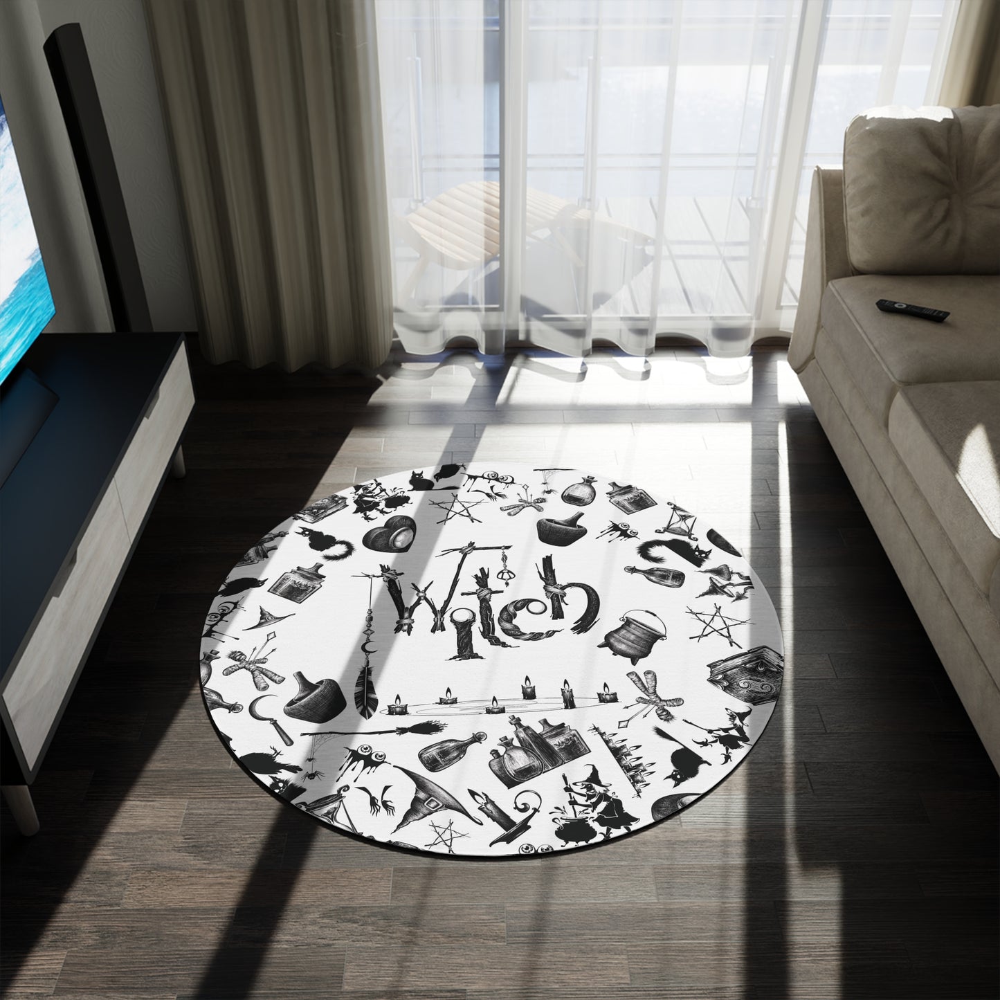 Witchy Pattern Style Round Accent Rug | Witch Symbols Area Rug | Witchcraft Themed Home Decor | "Twisted Witch"