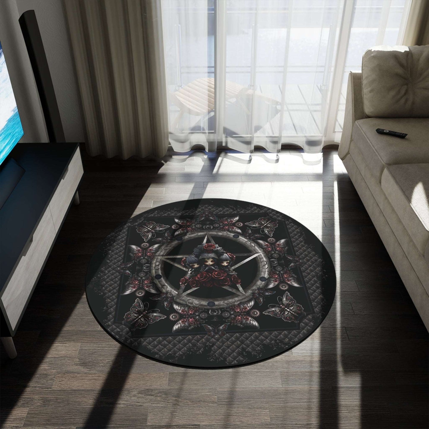 Dark Gothic Steampunk Style Round Accent Rug | Steel Metal Roses Butterflies Area Rug | Dark Goth Themed Home Decor | "Heavy Metal"