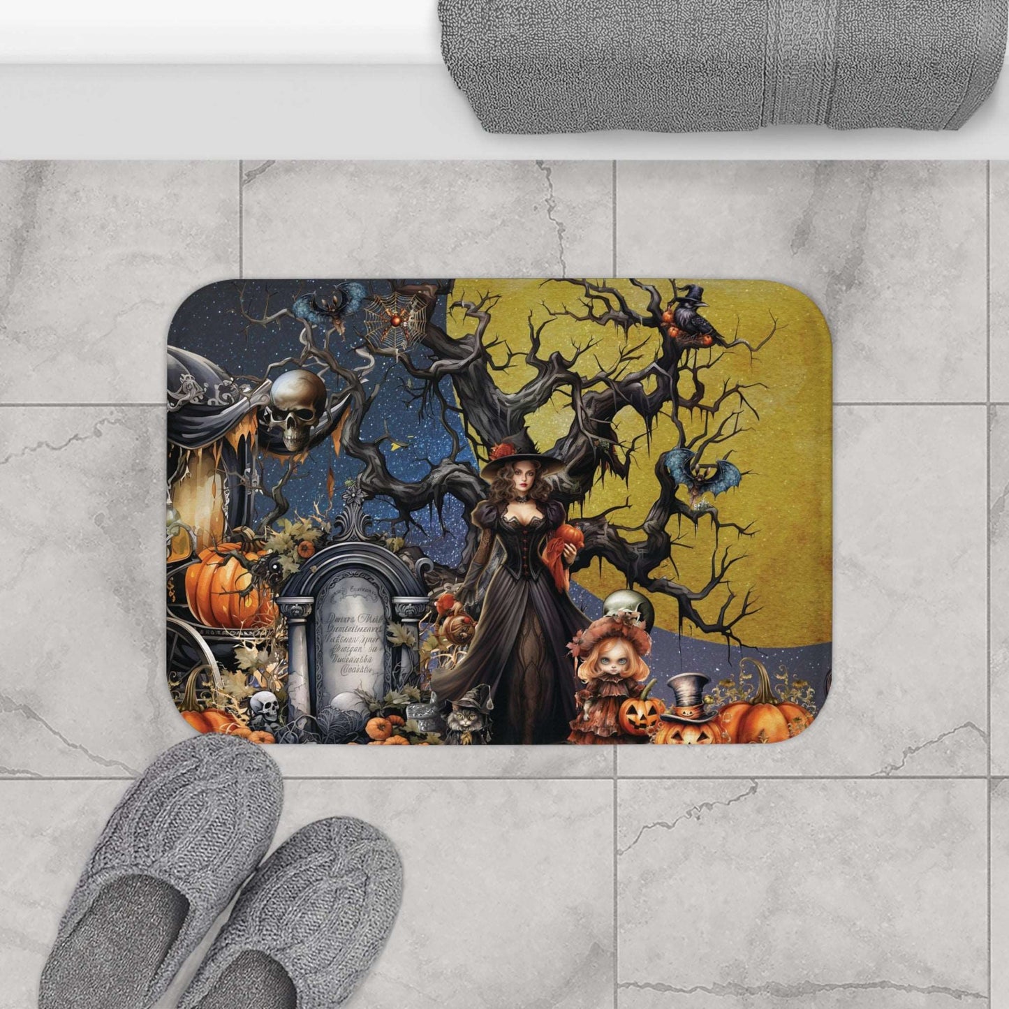 Autumn Fall Gothic Bath Mat | Witch Cemetery Skulls Little Girl Bathroom Rug | Dark Scary Themed Bath Decor | "Autumn Moon"