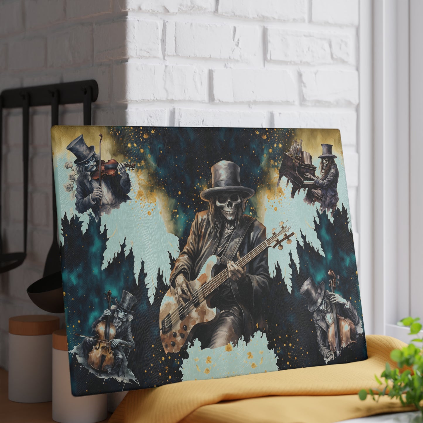 Skeleton Rock Band Glass Cutting Board | Ghostly Music Kitchen Decor | Rock & Roll Death Themed Home Accents | "Music Man"