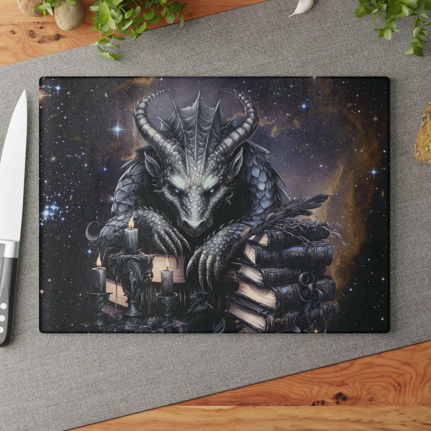 Ethereal Fantasy Style Glass Cutting Board | Black Gargoyle Starry Sky Kitchen Decor | Supernatural Themed Home Accents | "Knowledge is Power"