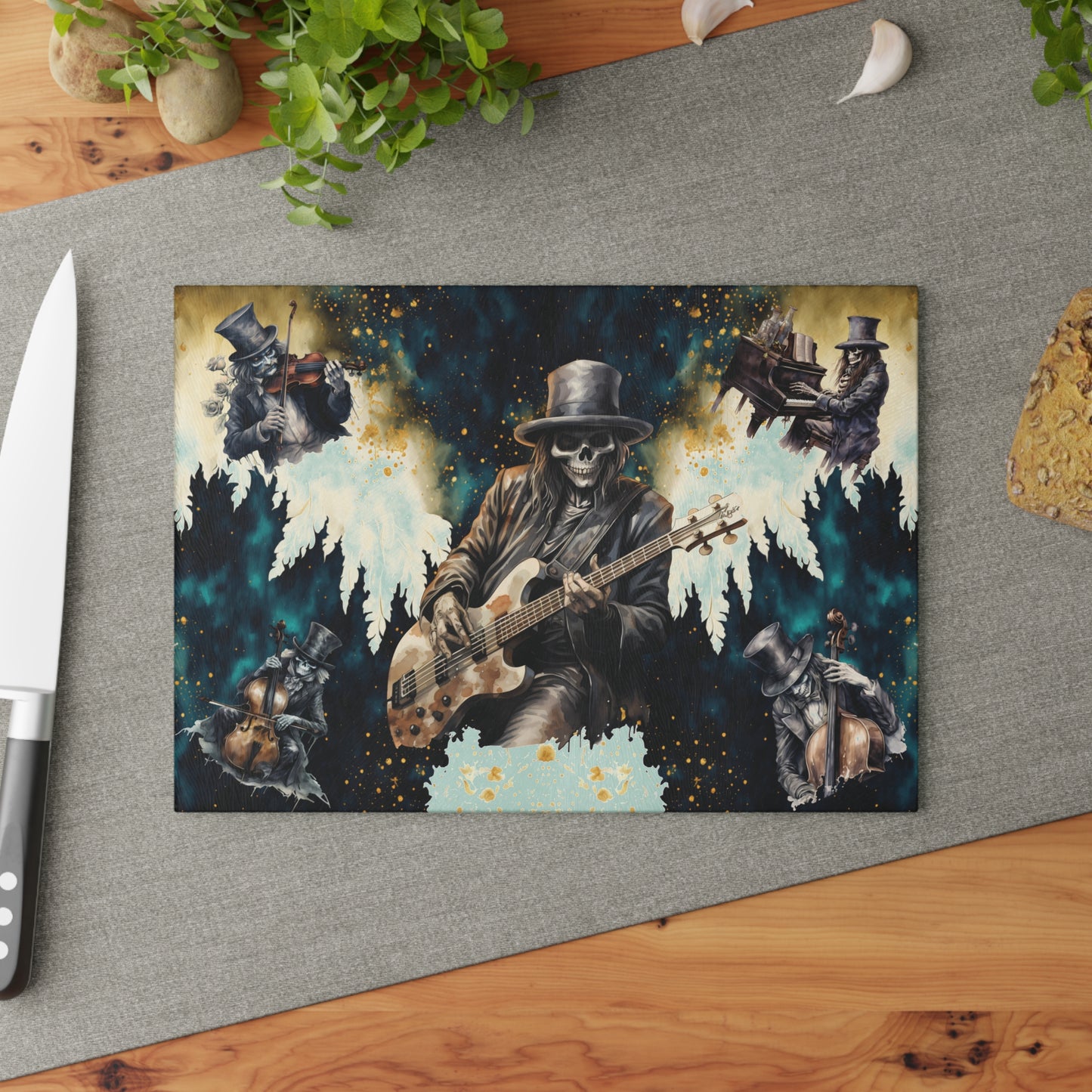 Skeleton Rock Band Glass Cutting Board | Ghostly Music Kitchen Decor | Rock & Roll Death Themed Home Accents | "Music Man"
